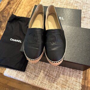 Authentic CHANEL Black Lambskin Espadrilles Sz 36